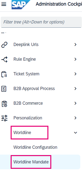 The screenshot shows where to find Worldline > Worldline Mandates in the SAP back office.
